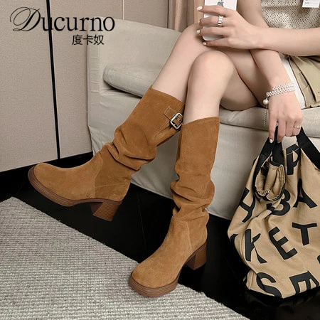 DUCURNO时尚褶皱堆堆靴女复古西部牛仔靴套筒显瘦高跟靴长筒靴子