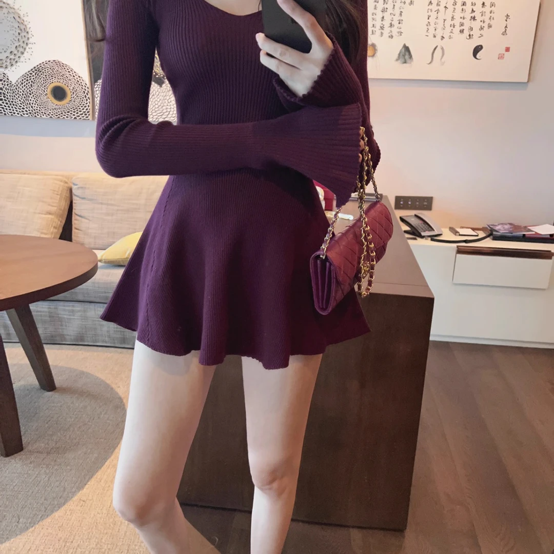 2025新款小个子法式v领针织长袖连衣裙子女早秋穿搭气质收腰