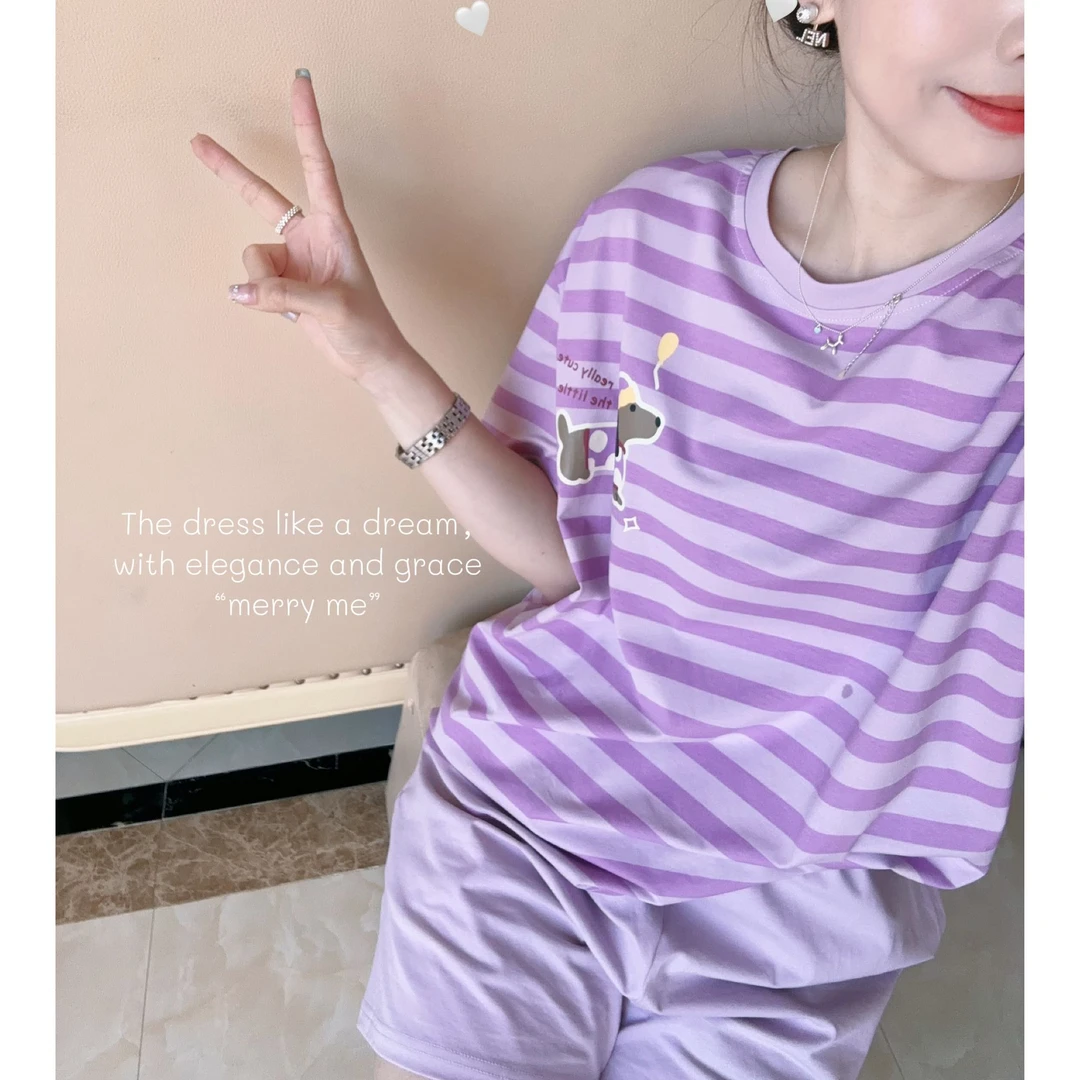 新疆棉居家柔软舒适紫色条纹家居服