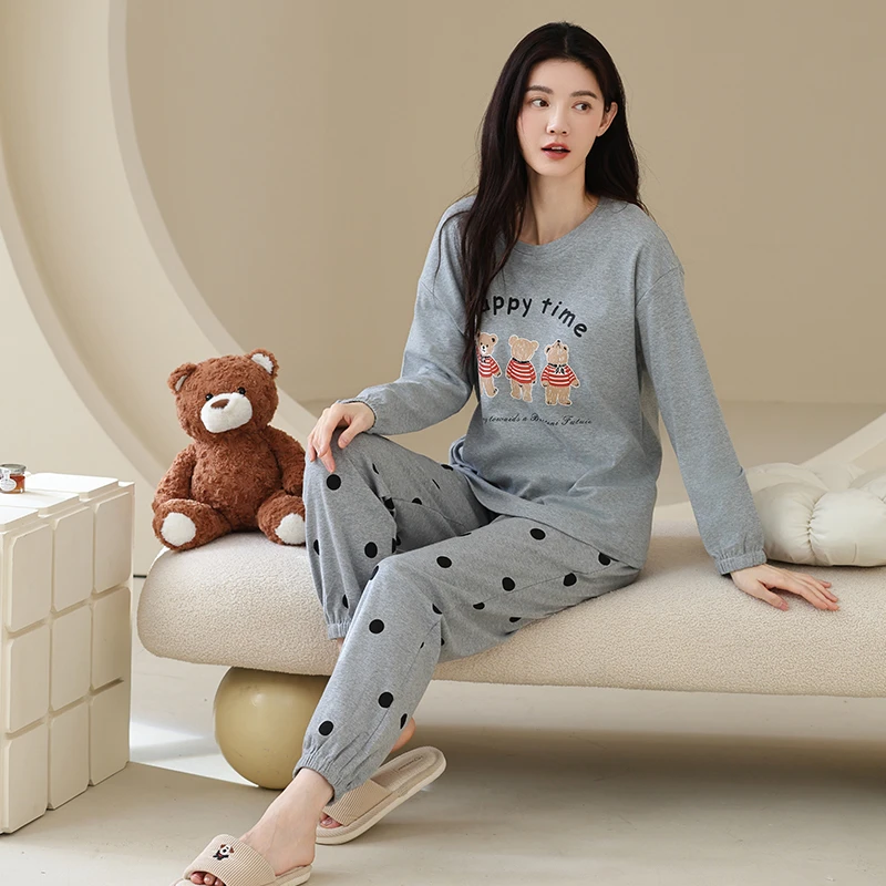 100%纯棉加厚睡衣女春秋季休闲舒适韩版外穿大码全棉家居服秋冬季