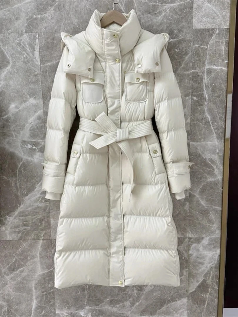 过膝连帽女2024年冬季新款韩版系带洋长款保暖外套