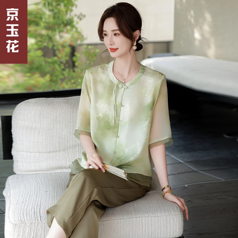 妈妈夏装2025新款中式雪纺上衣服中老年女装气质衬衫t恤薄款套装