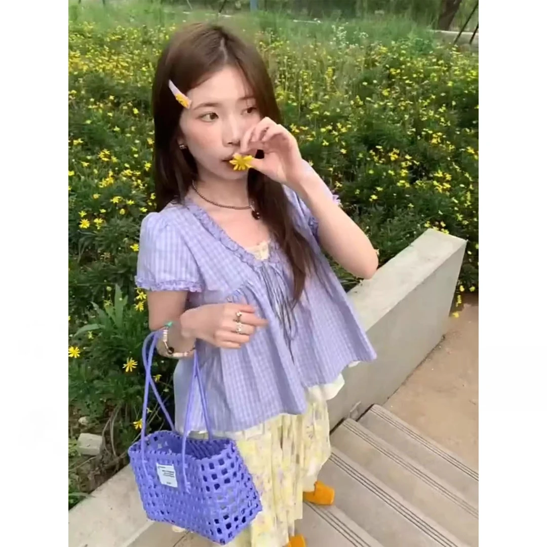 甜美可爱风格衣服小衫紫色格纹假两件蕾丝拼接v领衬衫上衣女夏季