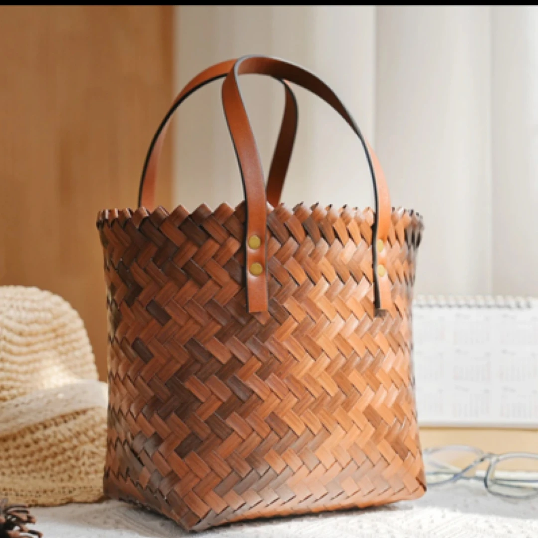 竹藤编织（PU）小号手提包