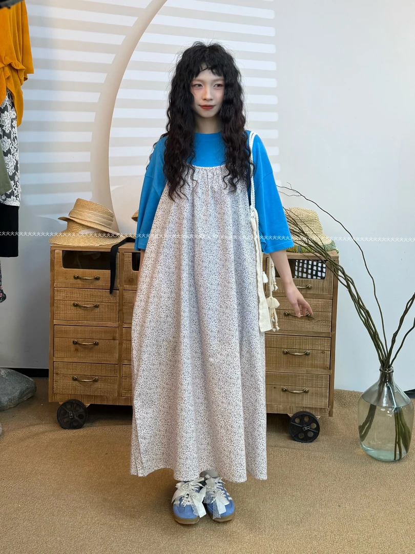 火火【桃花结】夏季出游海边吊带碎花连衣裙森系复古显瘦宽松可调节