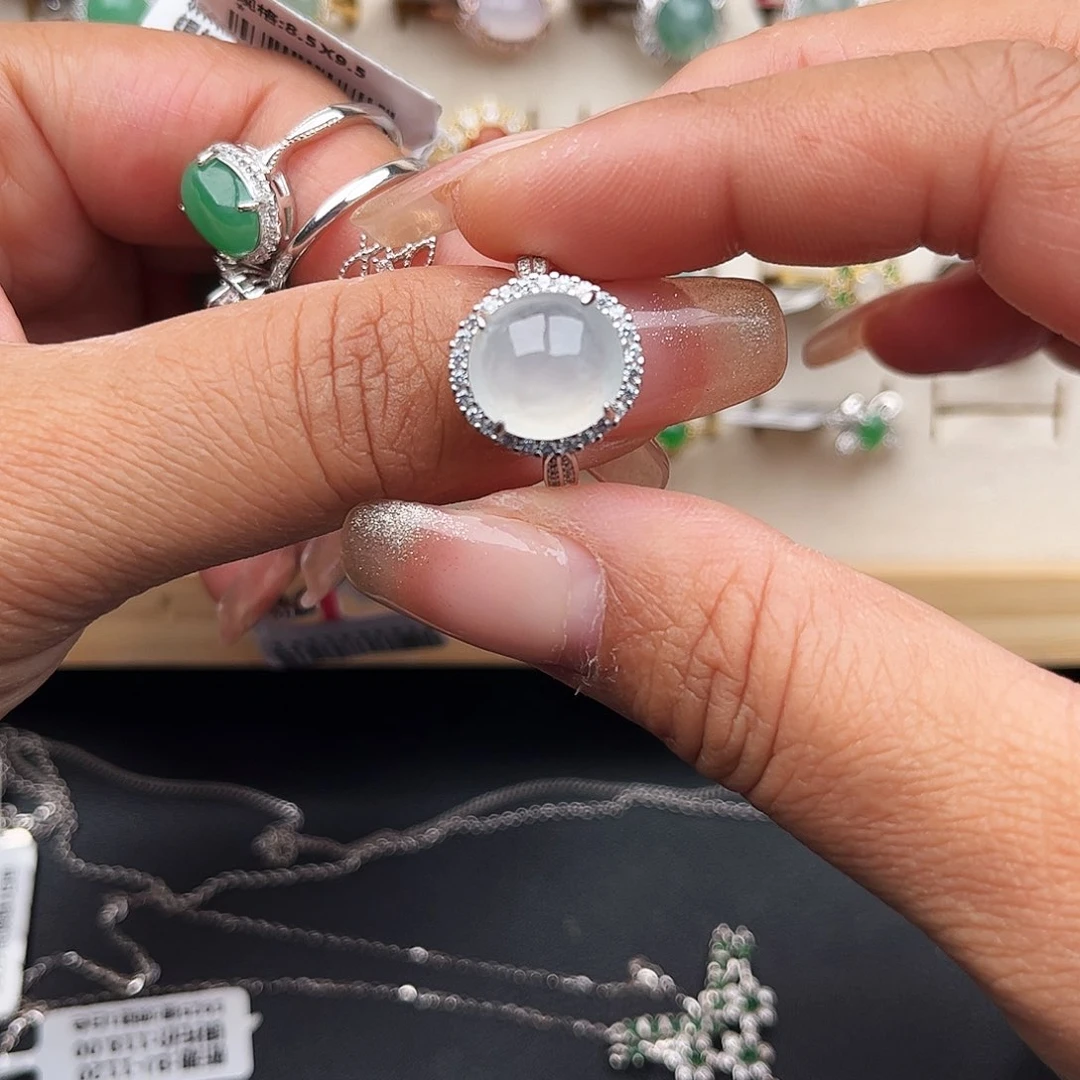 翡翠戒指银S925镶嵌缅甸天然a货翡翠女戒指