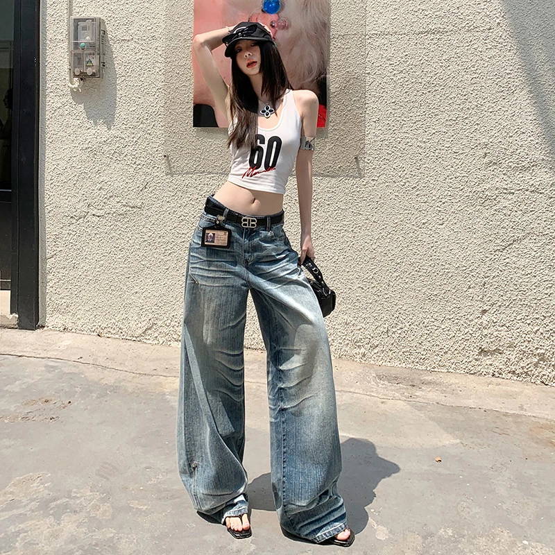 立体猫须休闲牛仔蓝色阔腿裤裤子宽松高腰夏季显瘦胖妹妹牛裤子