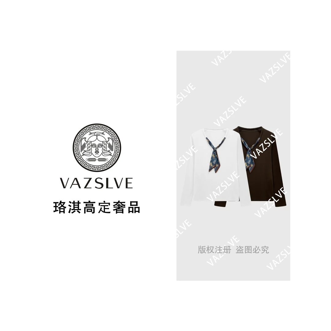 【VASLVE/珞淇高定】68199#丝巾印花V领拼接T恤衫2025秋冬潮流上衣