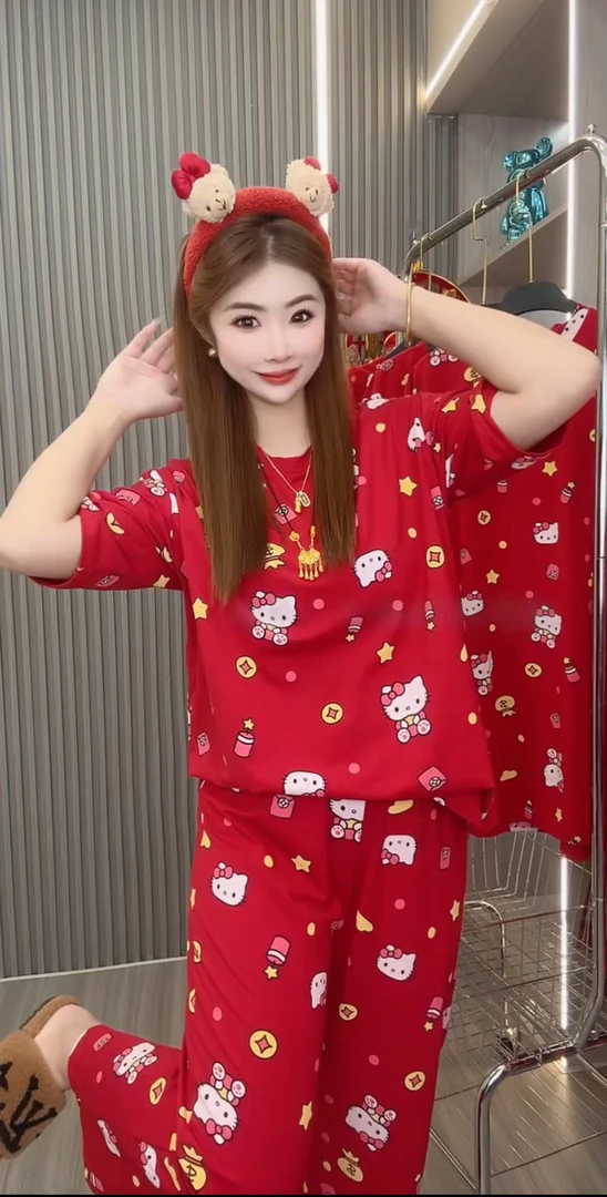 新款时尚圆领印花卡通洋气短袖睡衣家居服套装女