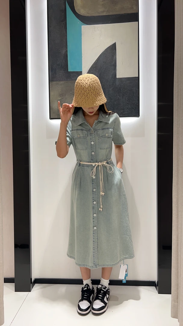 韩版翻领中长裙高腰显瘦连衣裙连衣裙气质时尚收腰裙子女