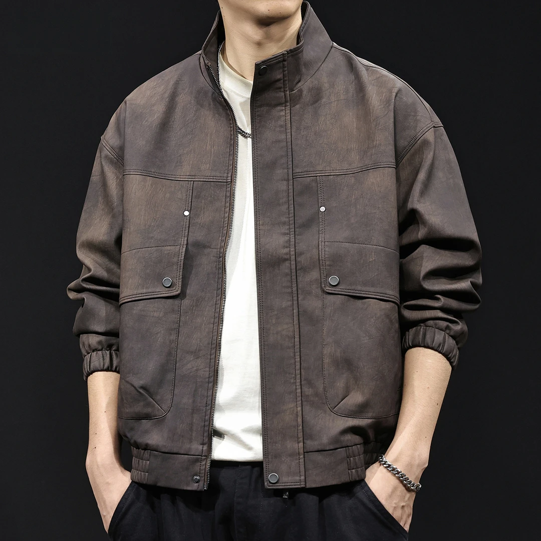 新款秋冬哑光复古潮牌软立领皮衣休闲男2025大码工装机车夹克外套