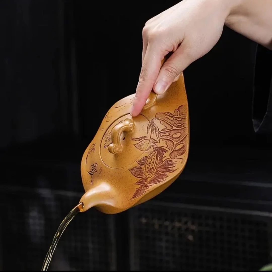 宜兴原矿龙骨金砂纯手工刻绘荷叶荷花水云间爱莲柴烧紫砂壶紫砂