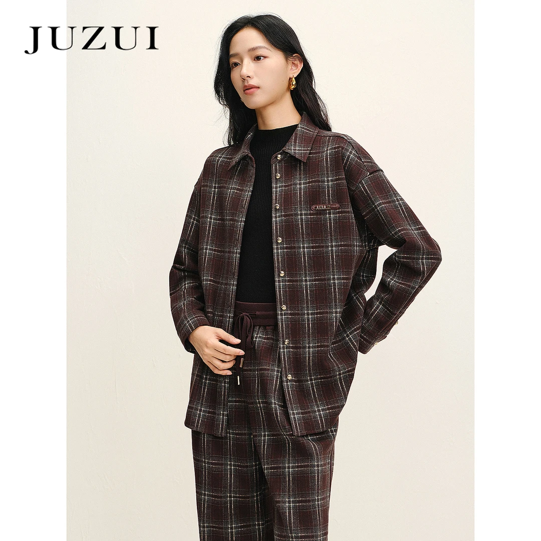 JUZUI玖姿复古休闲翻领H型格纹拉毛衬衫女2025冬季新款JYFD60102