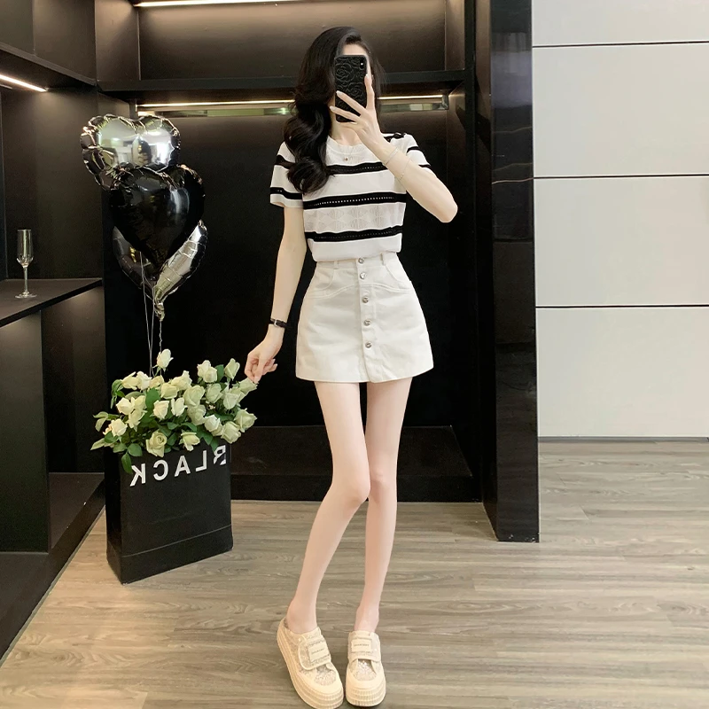 条纹针织衫女夏季宽松正肩小衫冰爽丝t恤高腰白色牛仔半身短裙裤
