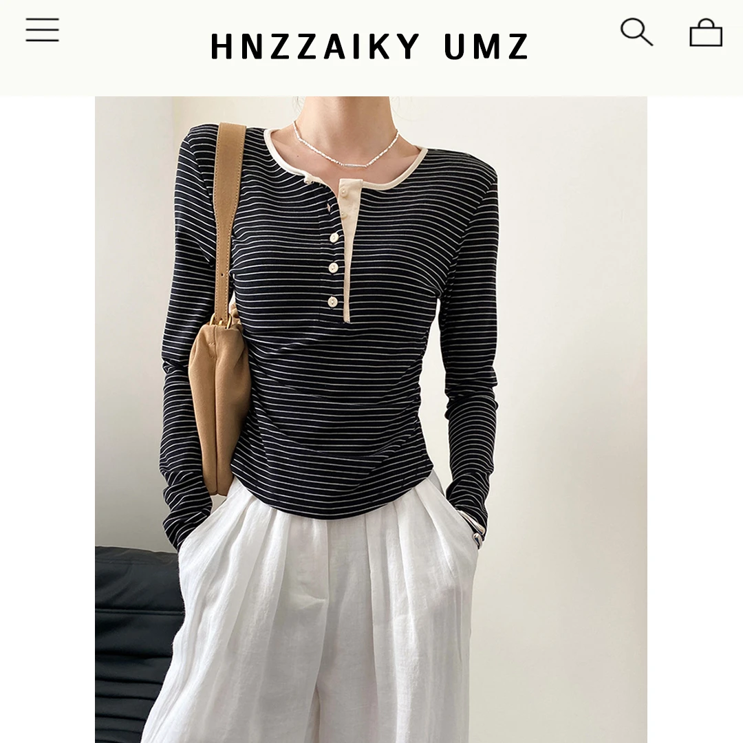 UMZ  设计感纽扣半门襟修身显瘦条纹T恤打底衫 SN6960