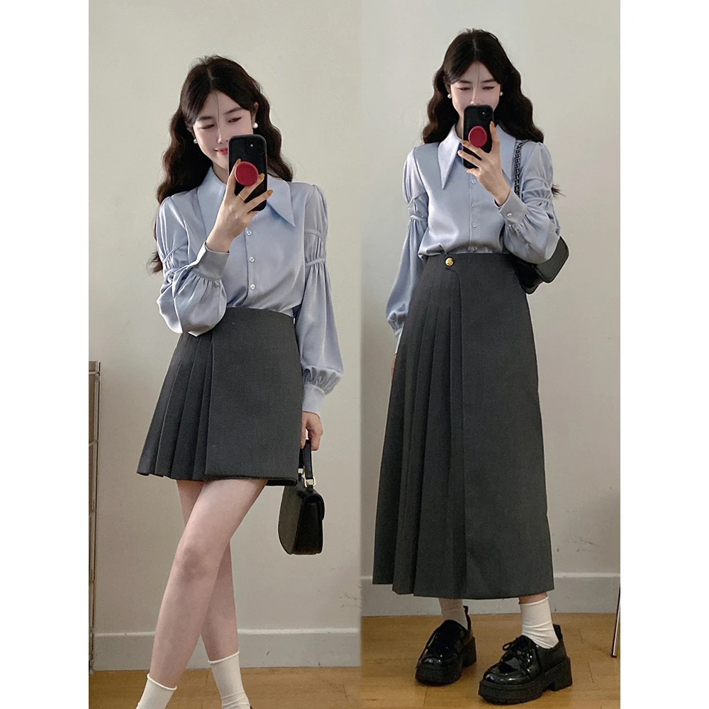 大码女装蓝色长袖设计感衬衫上衣高腰百褶半身裙两件套