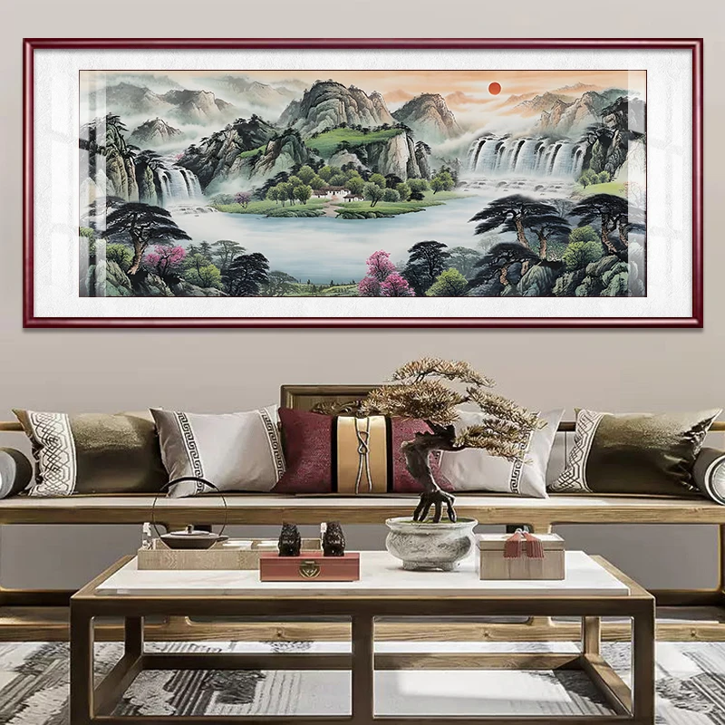 聚宝盆客厅沙发背景墙挂画山水画鸿运当头靠山壁画办公室装饰墙画