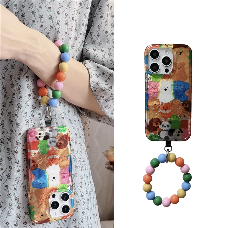 ins彩色多巴胺手拎圆环涂鸦小动物适用苹果15iphone16手机壳14/13