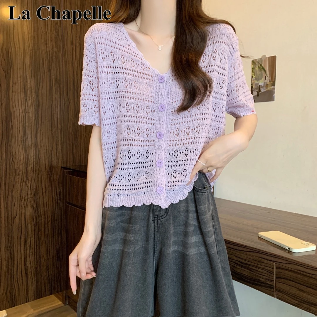 拉夏贝尔镂空针织冰丝V领短袖小衫女夏大码胖mm遮肚洋气减龄上衣