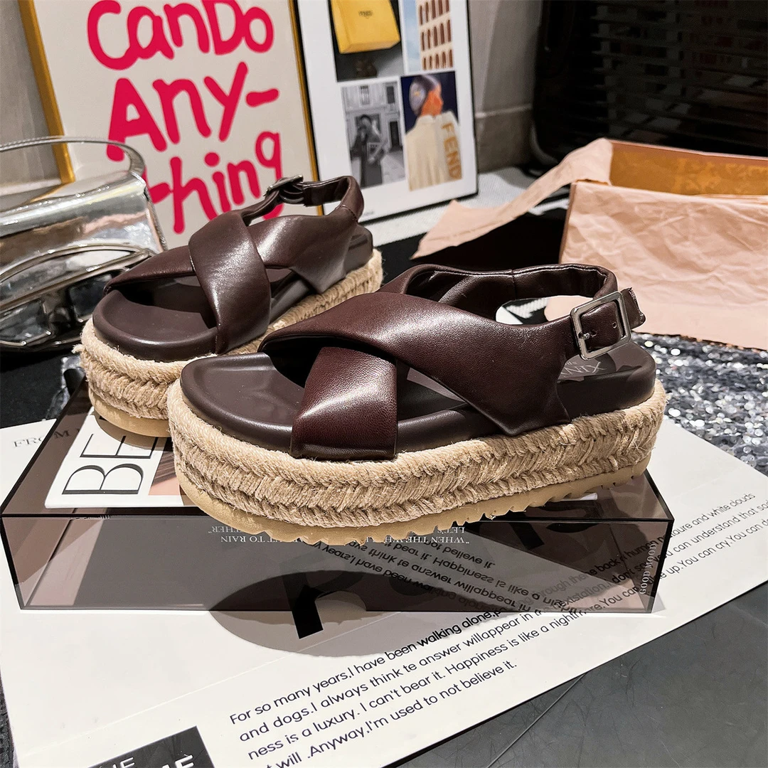 2025新款真皮交叉点编织亚麻绳厚底松糕底罗马凉鞋外穿休闲凉鞋女