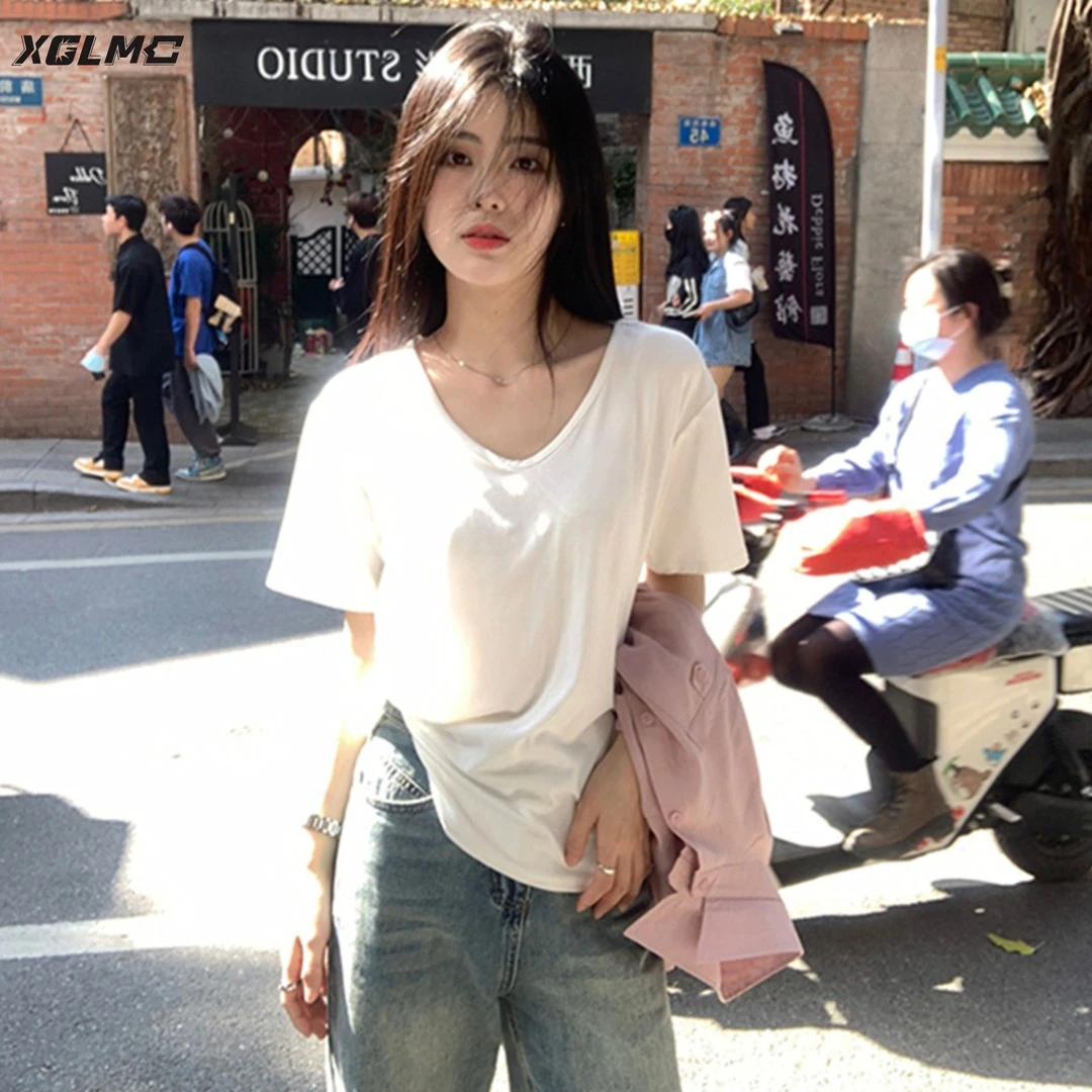2025夏季新款纯色白色大v领宽松慵懒感弹力短袖t恤女宽松体恤上衣