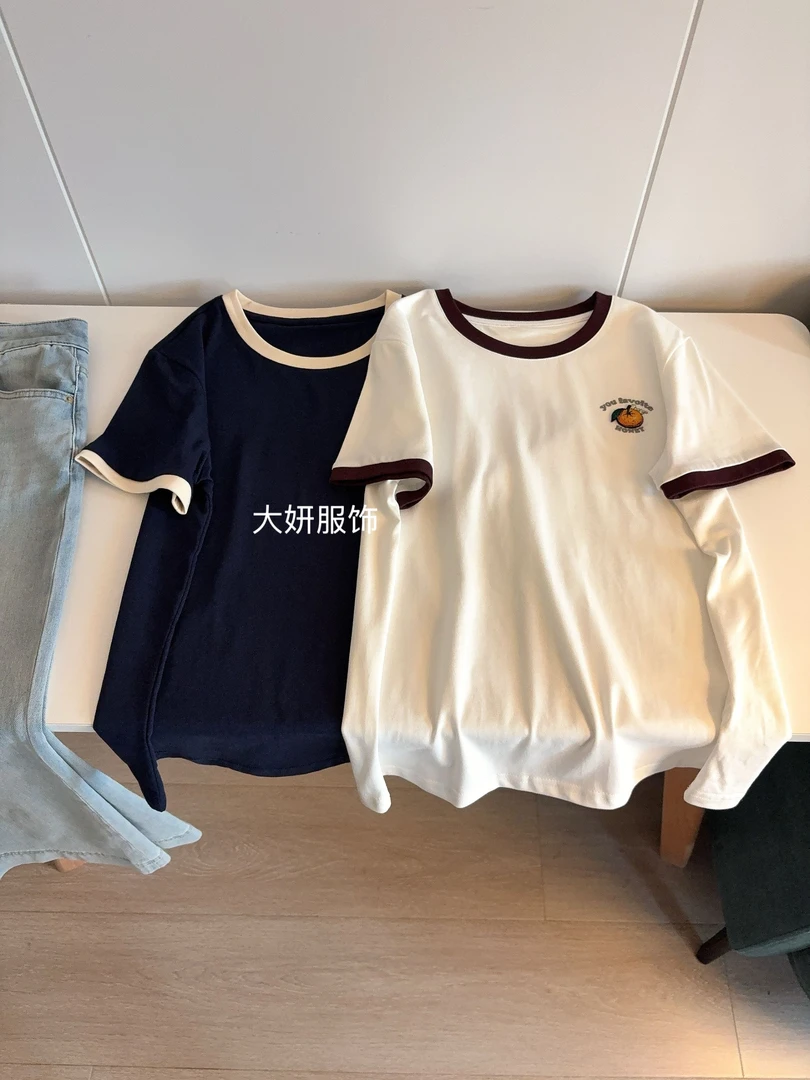 小橙子！撞色设计！韩系显瘦短袖简约圆领百搭T恤0451