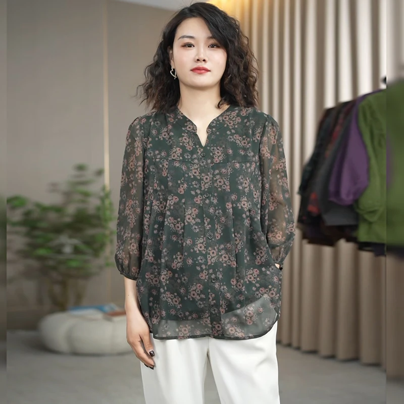 火袖F750春夏新款碎花V领减龄时髦妈妈装时尚气质显瘦上衣小衫