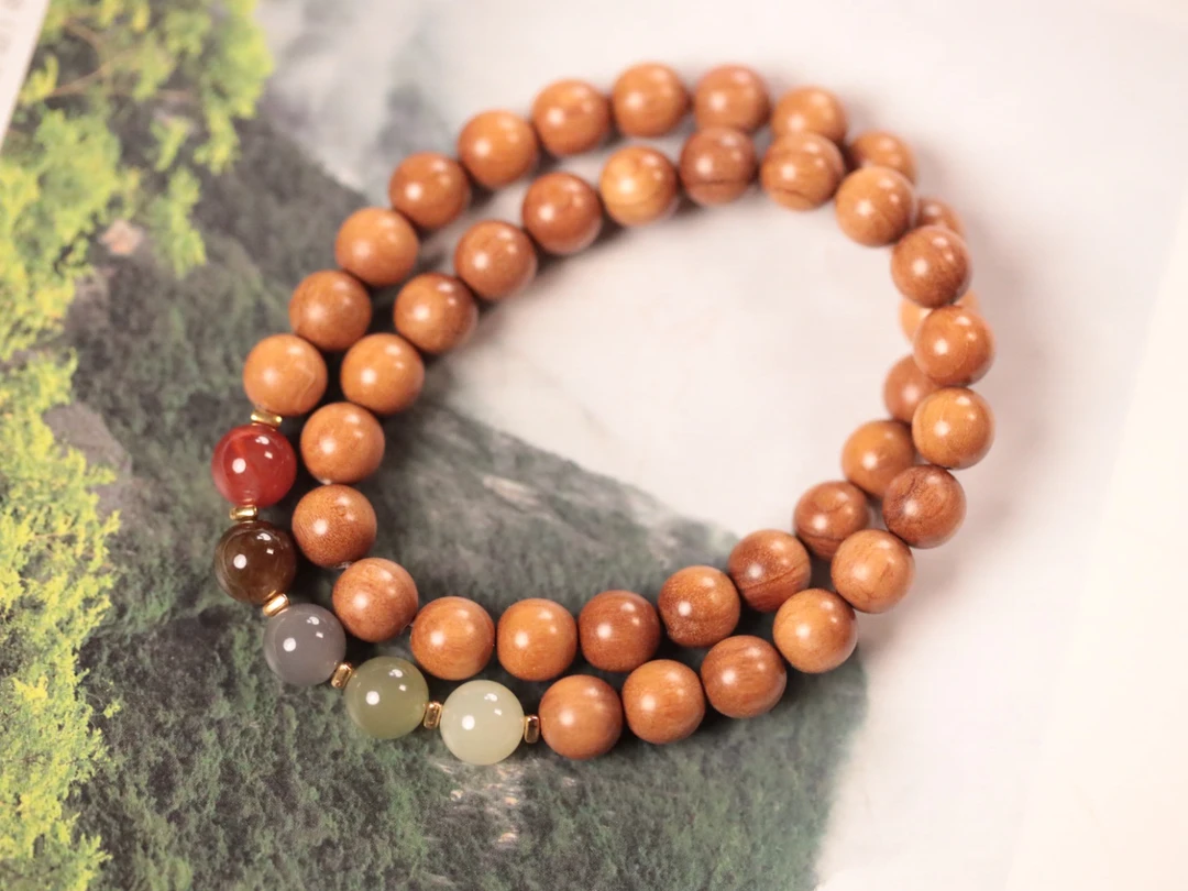 印度老山檀香8mm沉水双圈木带宝手串【多宝】