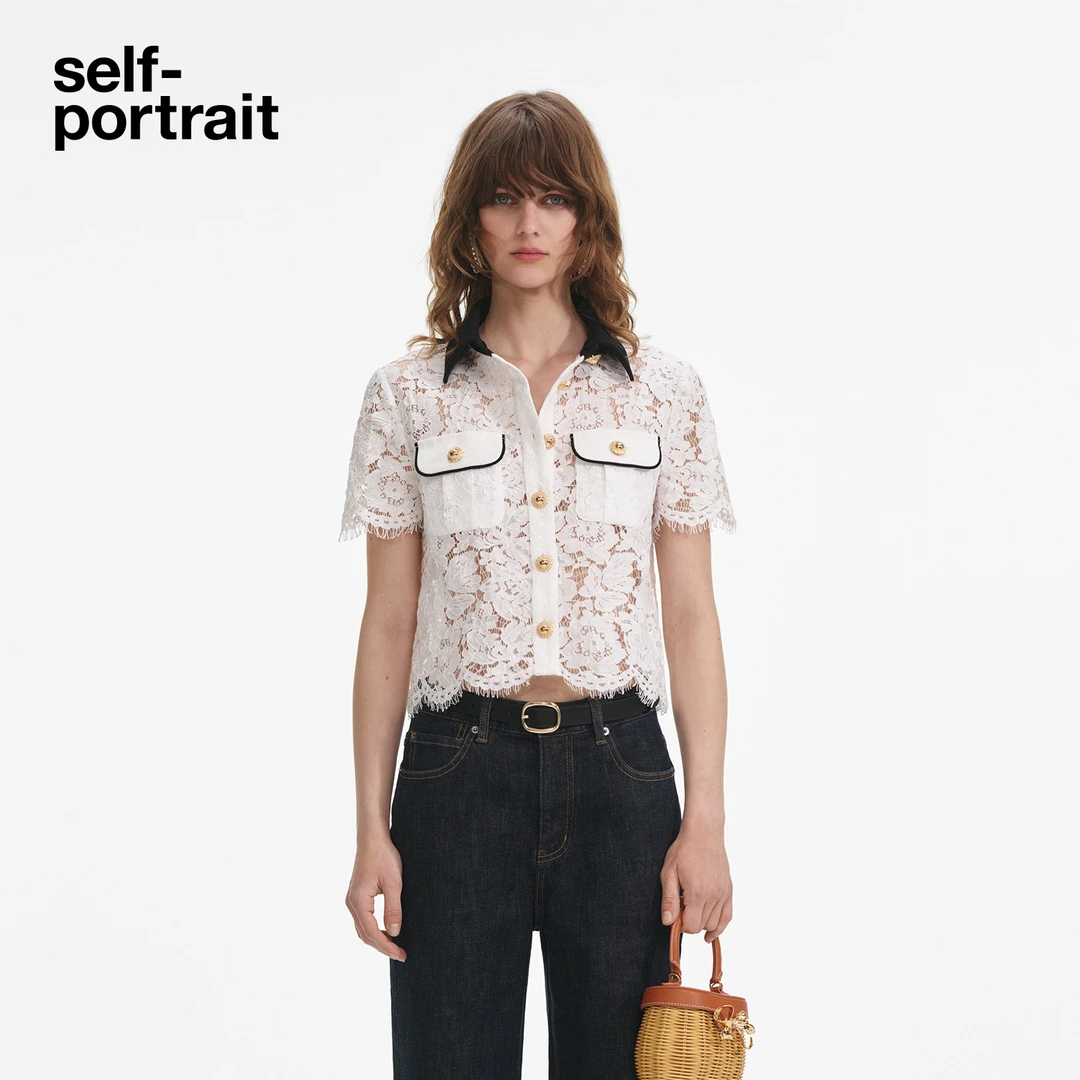 self-portrait 2025早秋新款纯净白气质通勤撞色翻领蕾丝衬衫上衣