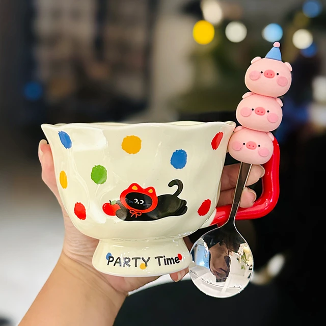 燕麦可爱颜心宽口少女水杯家用早餐马克高杯陶瓷女生杯子高脚值