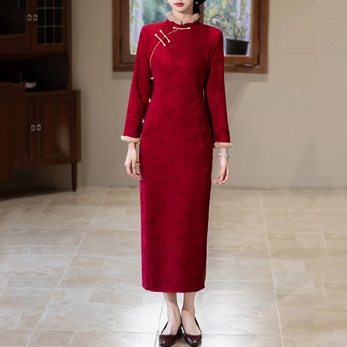 加绒加厚冬装国风新中式长款长袖旗袍改良年轻款女复古秋冬季立领