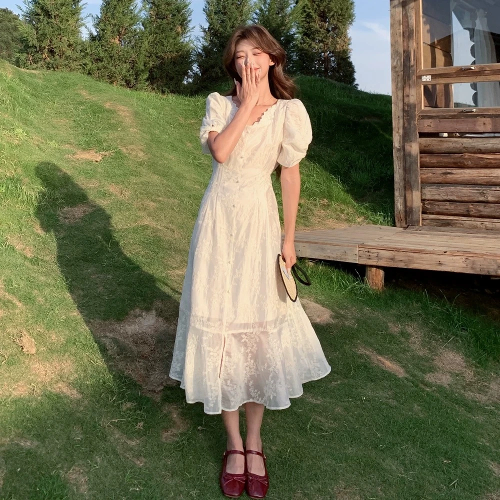 2025夏季新款法式气质高端精致提花收腰显瘦长裙子拼接蕾丝连衣裙