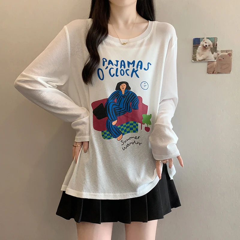 2025新款胖mm大码女韩版防晒卡通长袖印花透气圆领T恤上衣A1657