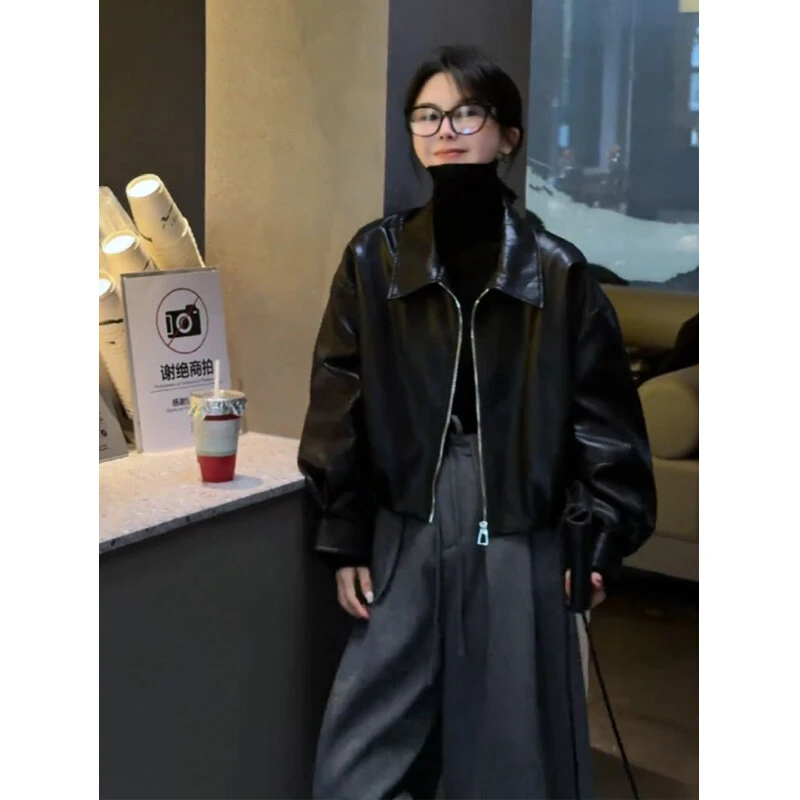 美式辣妹气质加厚皮衣外套女装2025秋冬新款通勤酷飒黑色夹克上衣