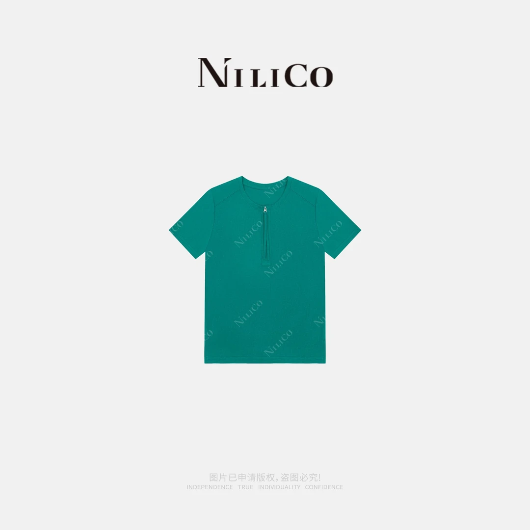 NILICO【风吟】夏季极简风精致百搭休闲小众湖绿色圆领T恤