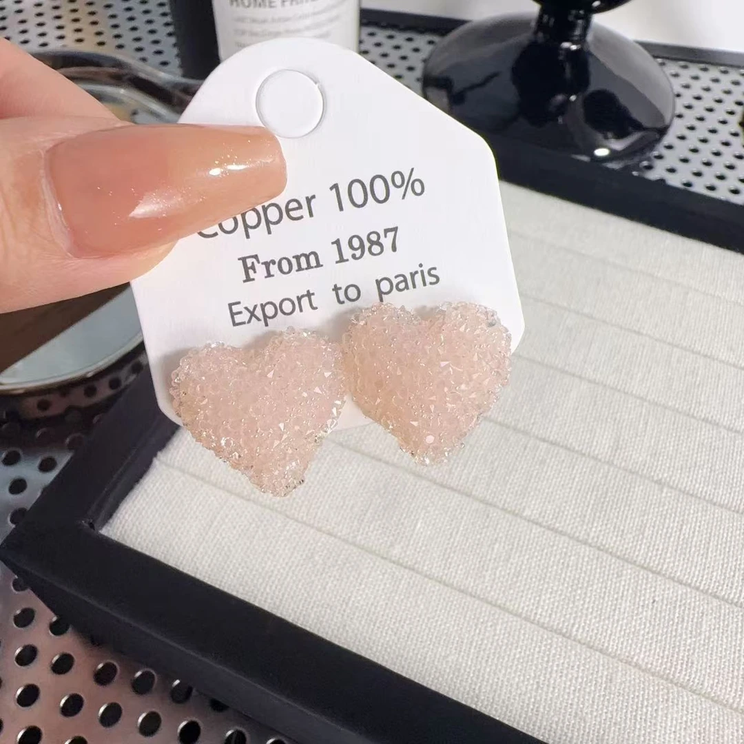 铜合金耳饰 【樱花粉满钻】爱心春夏天甜美清新耳饰 S115