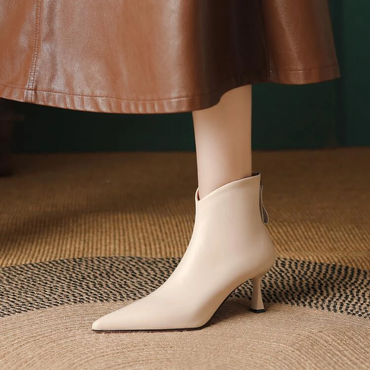 显瘦气质款~ 真皮高跟短靴女尖头细跟后拉链及踝靴软皮春秋单靴子