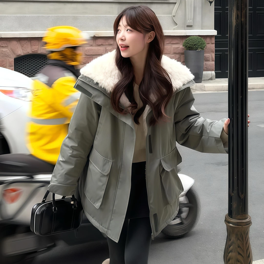 明星同款加厚羊羔毛羽绒棉服女秋冬季新款宽松显瘦大翻领派克外套