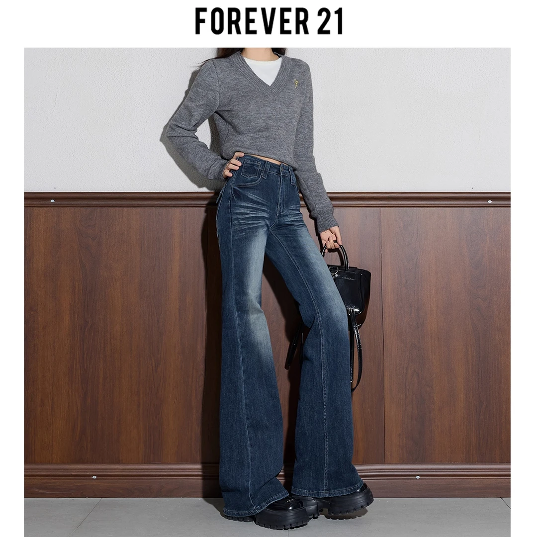 Forever 21渐变做旧纹理微喇裤修身显瘦秋冬新款时尚百搭牛仔裤女