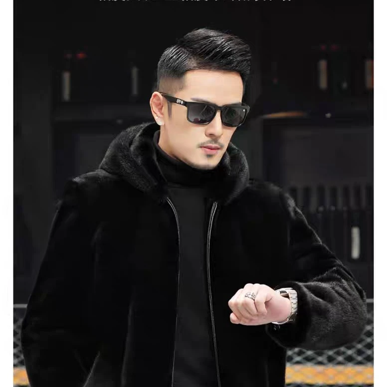 海宁貂皮外套男整貂连帽仿水貂绒大衣皮草貂绒男装短款貂毛冬季