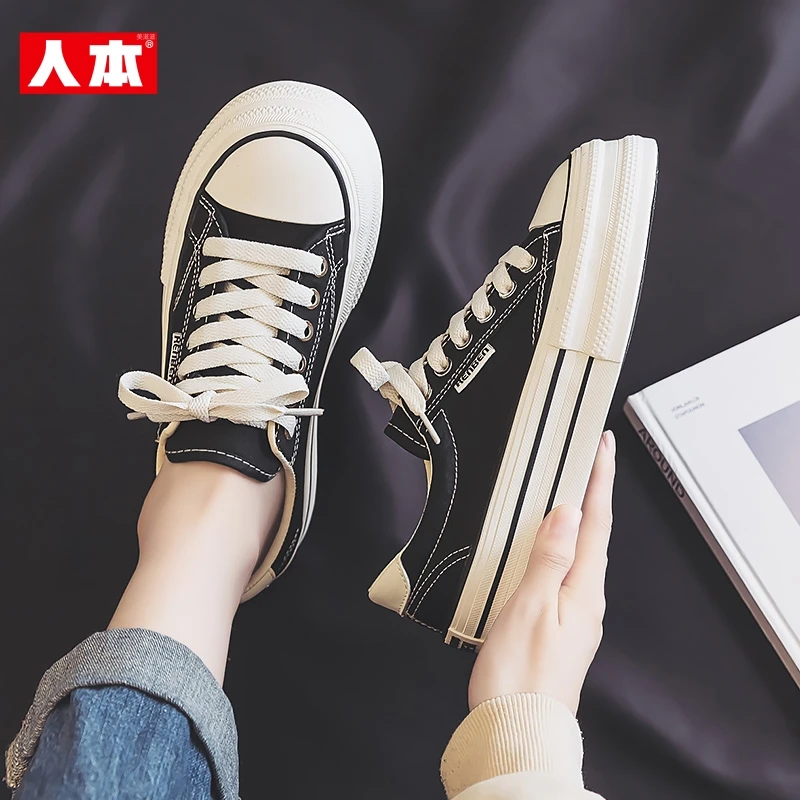 人本帆布鞋女2025年春秋新款运动休闲鞋厚底低帮ins透气学生板鞋
