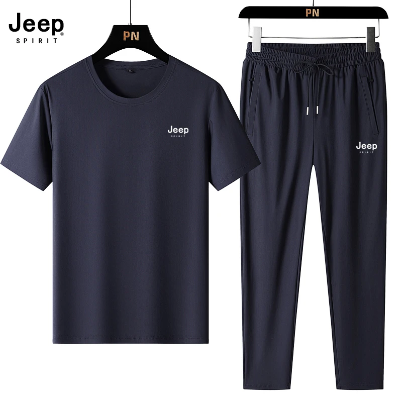 JEEP吉普冰丝套装男士休闲夏季薄款弹力运动套装透气圆领上衣男装