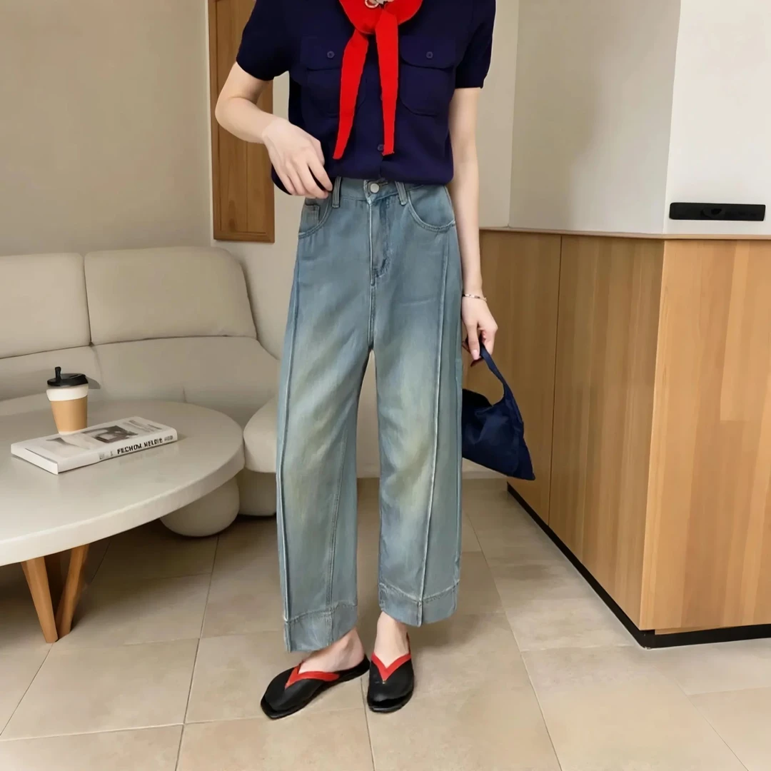 高腰显瘦九分牛仔裤女 直筒宽松版型时尚百搭款