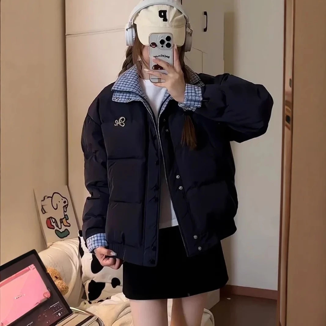 美式复古蓝色格纹拼接防寒外套棉服女学生冬季藏青色宽松保暖棉衣