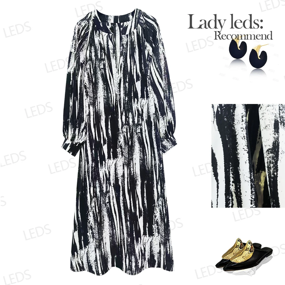LEDS S696夏秋西米亚风印花水墨轻奢长款连衣裙