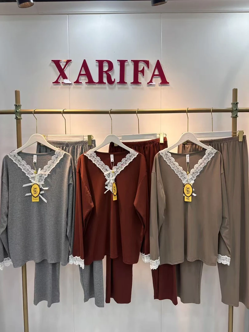 xarifa蕾丝v领睡衣套装两件套家居服甜美宽松舒适1822