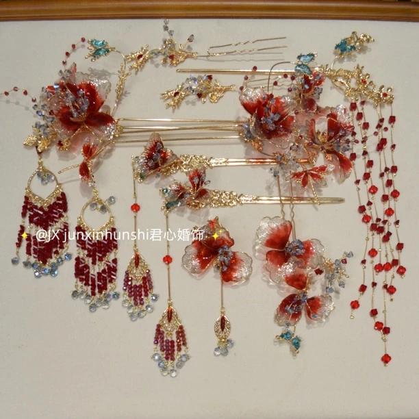 君心家 F113【无耳环】金红蓝钻高级感不对称发钗个性中式新娘