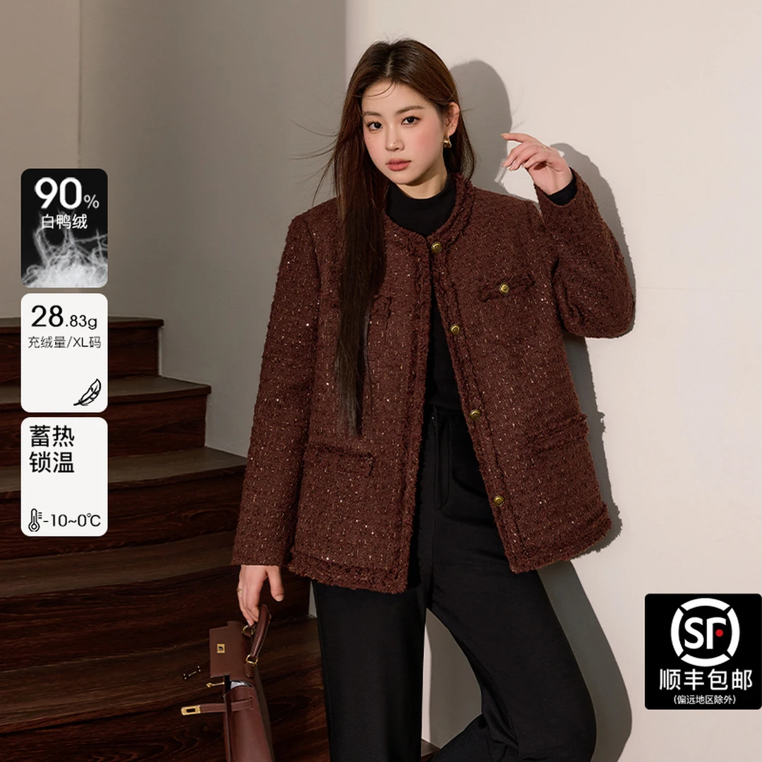 蓝语大码女装气质小香风90白鸭绒冬季安哥拉红显瘦保暖外套