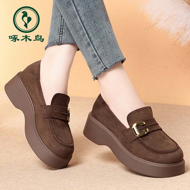 啄木鸟春季新款厚底乐福鞋英伦风小皮鞋轻便百搭软底女士单鞋
