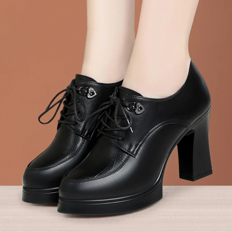 黑色系带工作鞋女粗跟高跟鞋中年妈妈皮鞋新款深口单鞋走秀高跟鞋